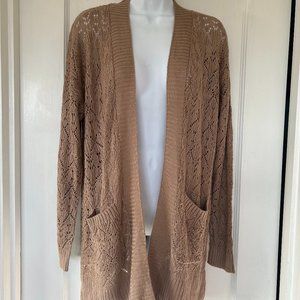 Pink Rose Women's Cardigan, Crochet Lace Open Knit Midi Duster, Tan, Size L, NWT